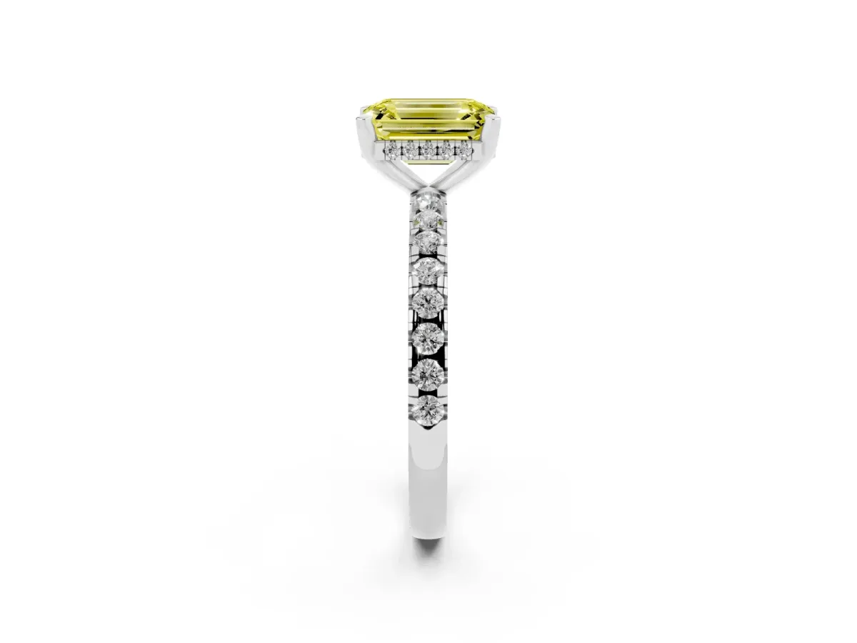 Fancy Yellow Emerald Cut Diamond Solitaire Ring with Round Pavé Band and Four-Prong Setting Silver