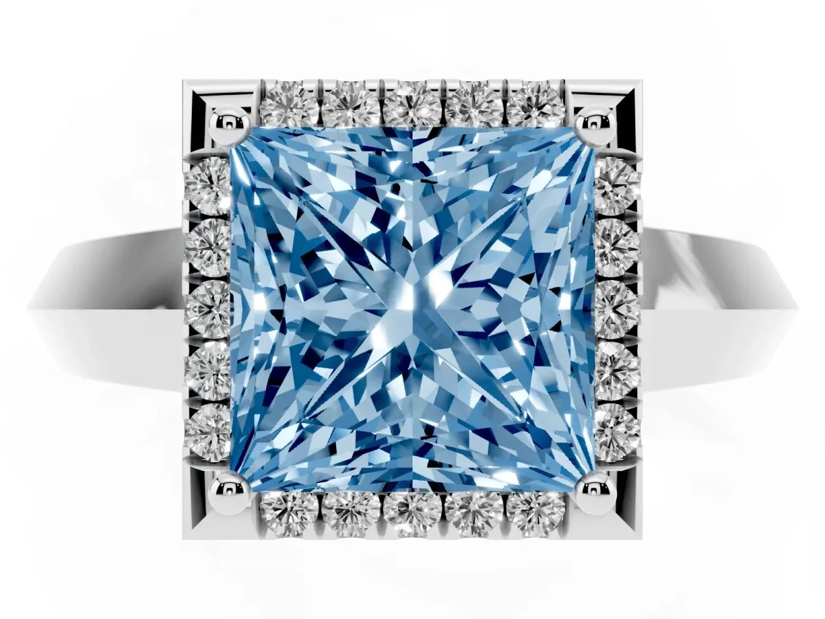 Fancy Blue Princess Cut Halo Diamond Ring with Cathedral Band and Four-Prong Setting Platinum