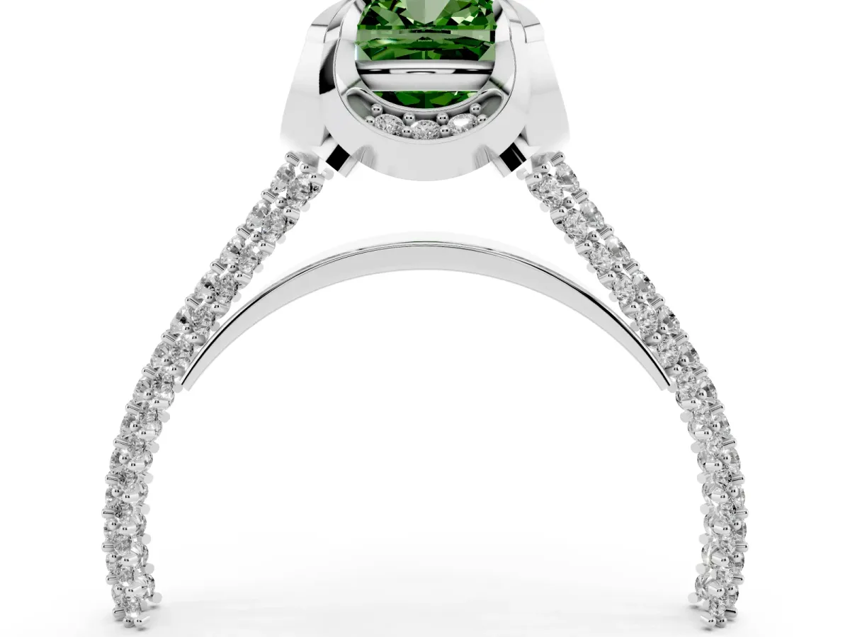 Fancy Green Cushion Cut Solitaire Pave Split Shank Ring with Four-Prong Setting Silver