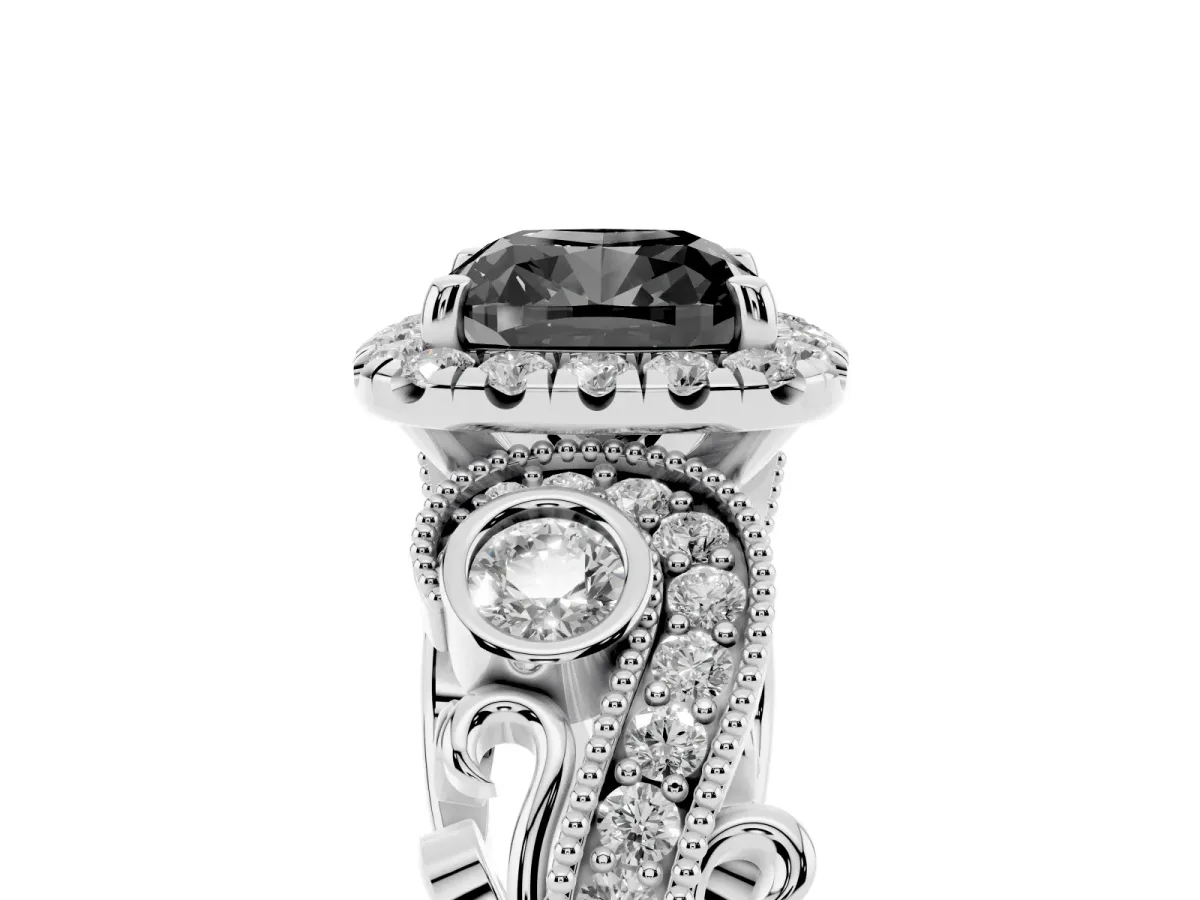 Fancy Black Cushion Cut Halo Diamond Ring with Milgrain and Bezel Accents on a Split Shank Band Platinum
