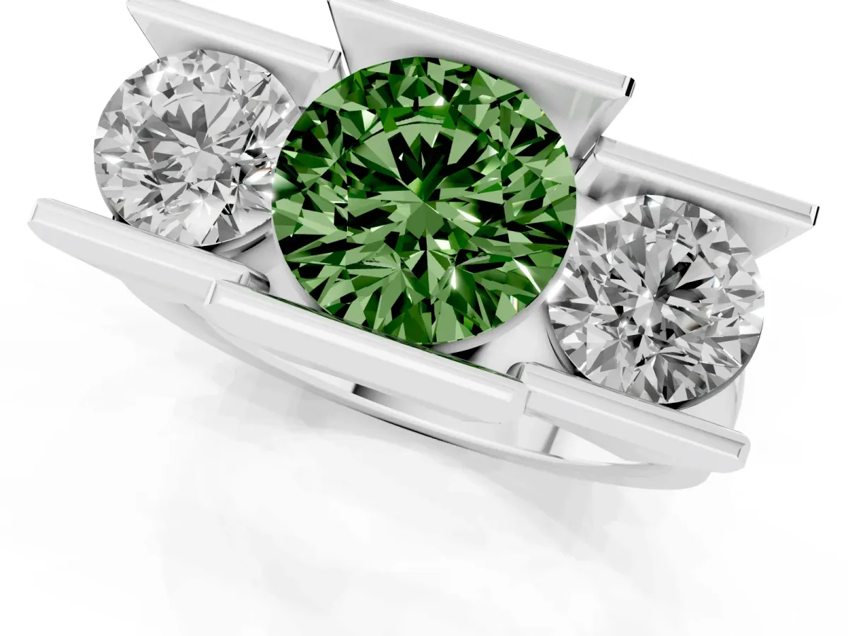Fancy Green Three Stone Round Cut Cut Channel Set Diamond Ring Platinum
