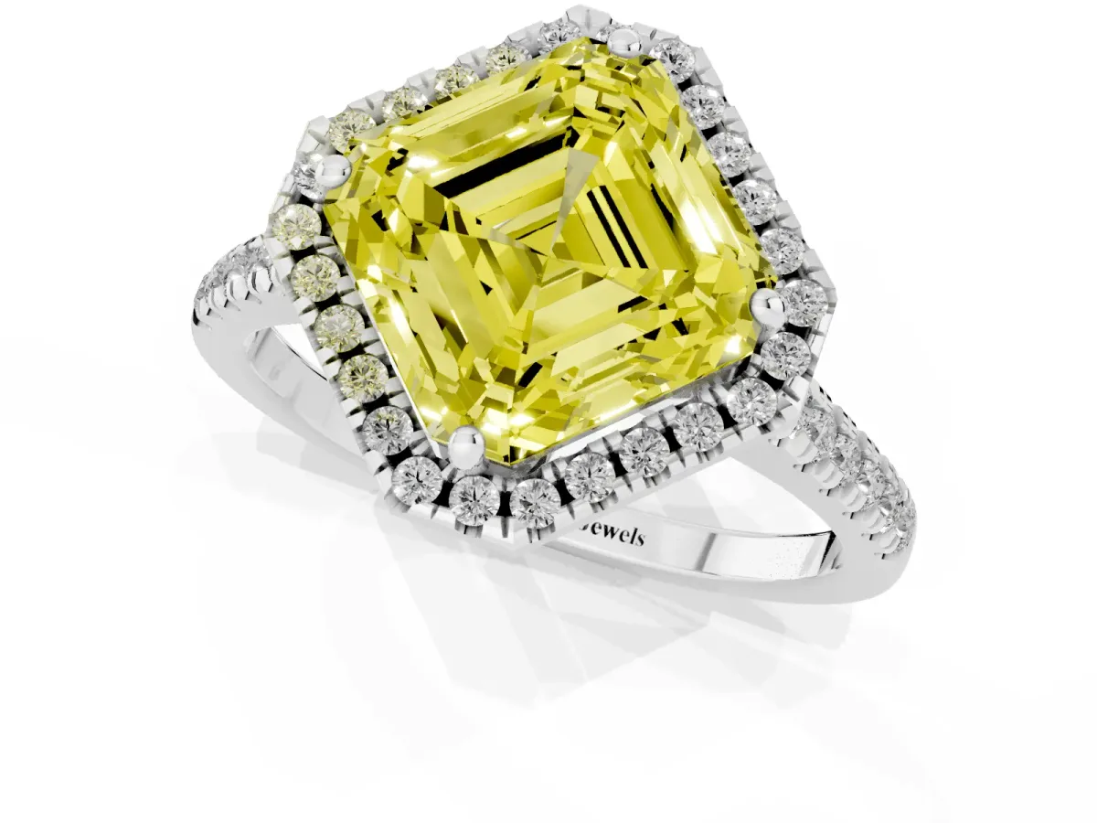 Fancy Yellow Asscher Cut Diamond Cushion Halo Ring with Pavé Band Silver