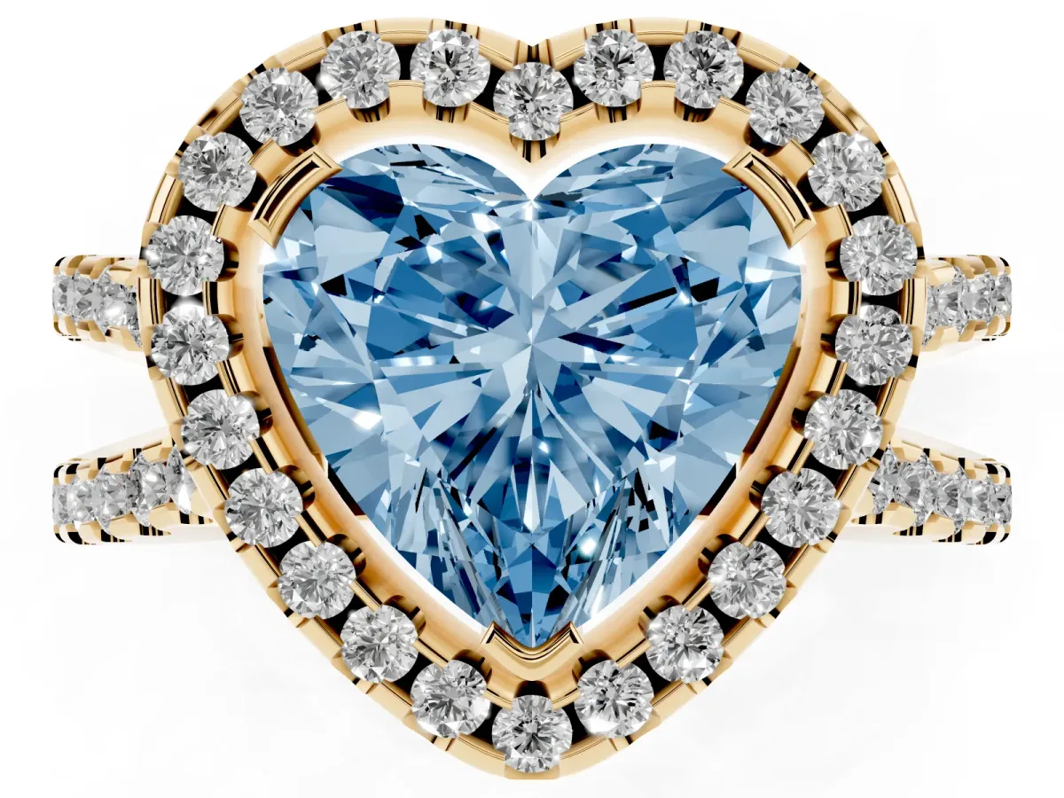 Fancy Blue Heart Cut Diamond Halo Ring with Split Shank Pavé Band and Prong Setting Yellow gold