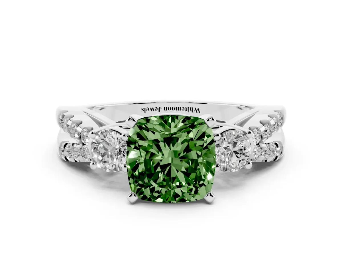 Fancy Green Cushion Cut Diamond Three-Stone Ring with Pavé Split Shank and Four-Prong Setting Platinum