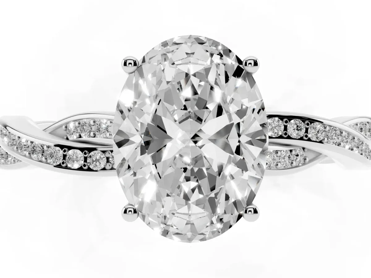 Oval Cut Solitaire Twisted Pave Diamond Ring with Four-Prong Setting Silver