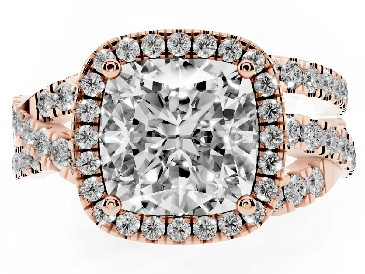 Cushion Cut Diamond Halo Ring with Round Split Shank and Prong Setting Rose gold