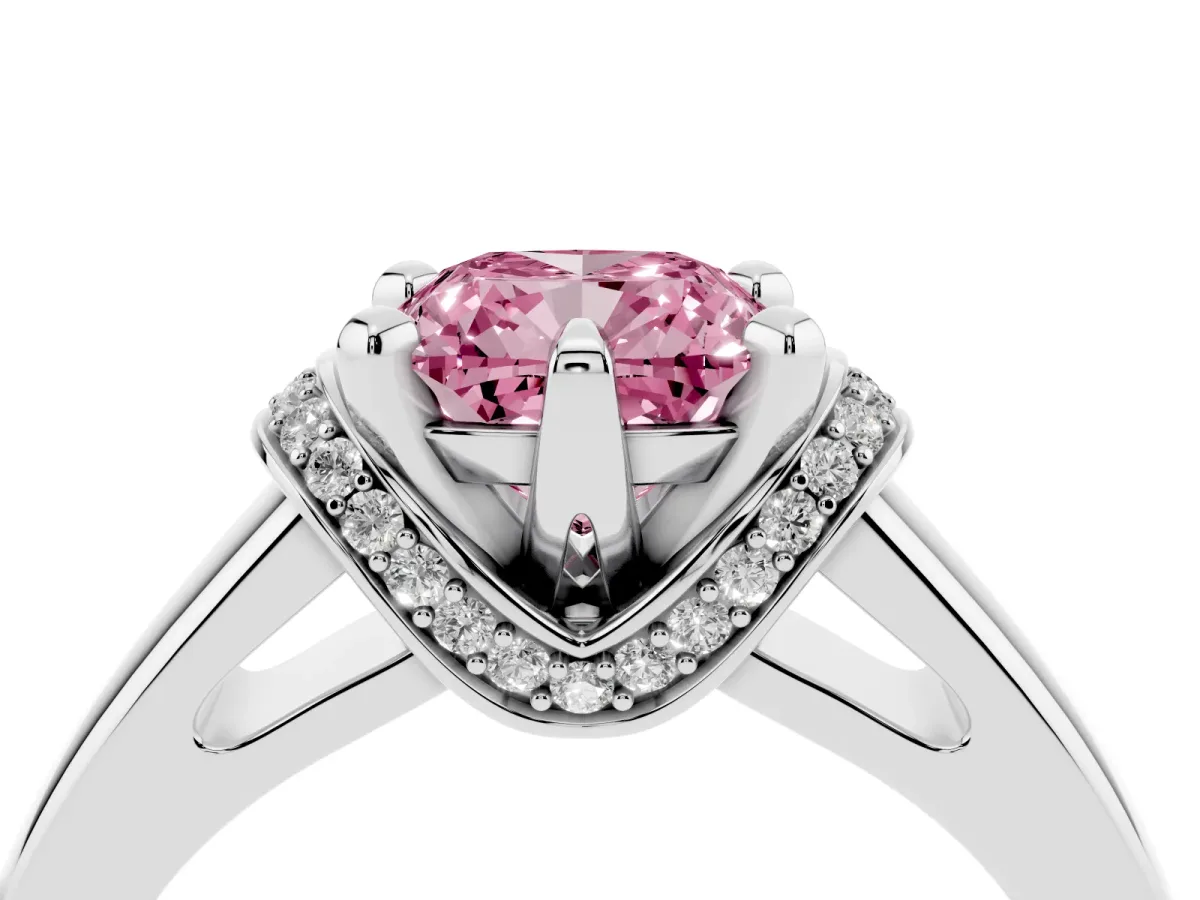 Fancy Pink Cushion Cut Solitaire Diamond Ring with Pave Band and Six-Prong Setting Silver