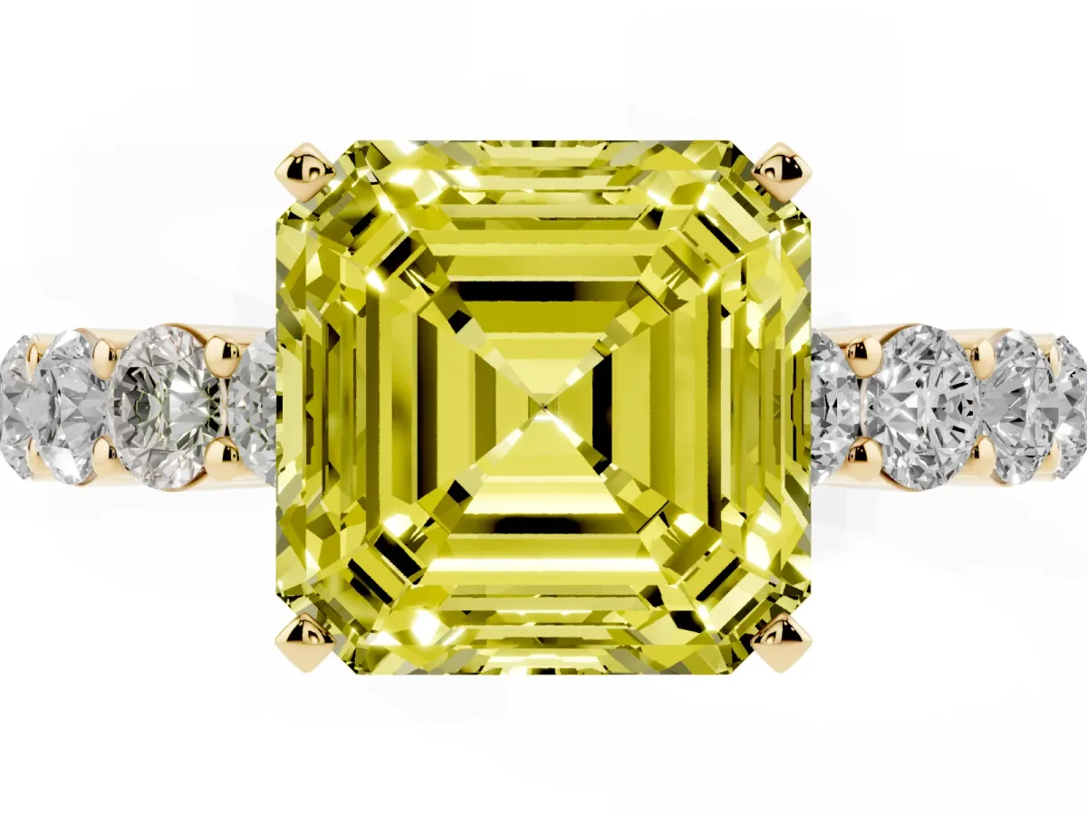Fancy Yellow Asscher Cut Diamond Solitaire Ring with Shared Prong Round Side Stones Yellow gold