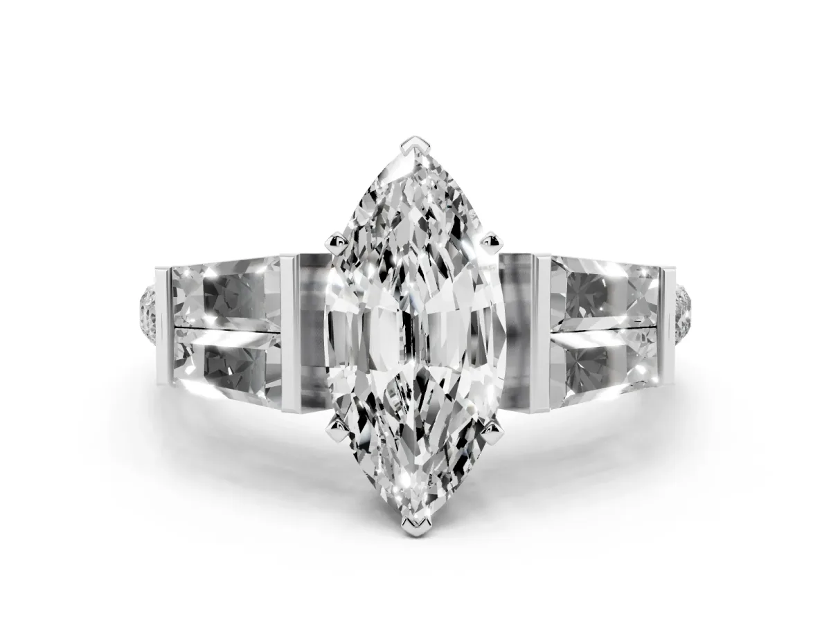 Marquise Cut Diamond Engagement Ring with Baguette Side Stones and Channel Set Band Platinum