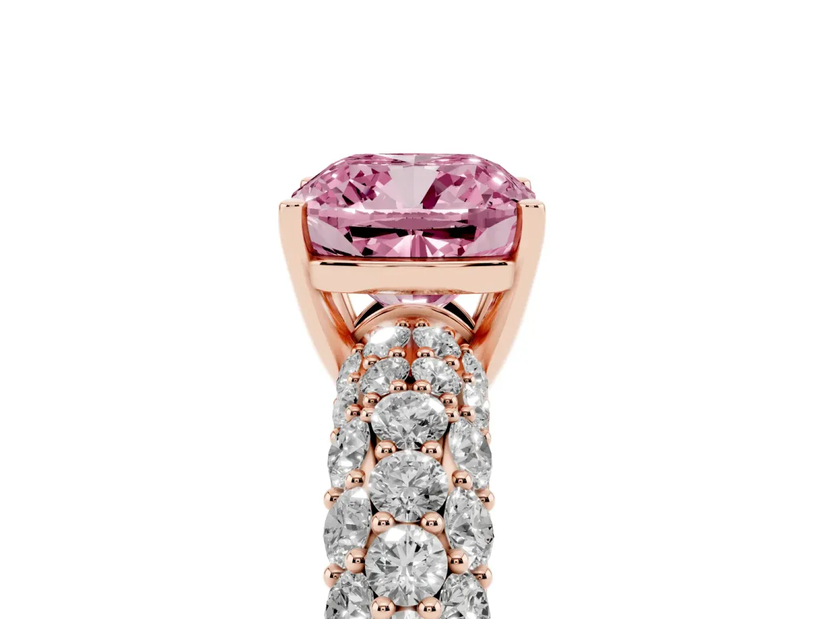 Fancy Pink Cushion Cut Diamond Pavé Band Solitaire Ring with Four-Prong Setting Rose gold