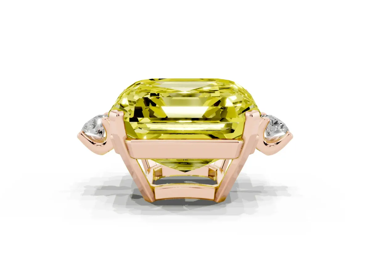 Fancy Yellow Asscher Cut Cut Three-Stone Solitaire Ring with Round Accent Diamonds and Four-Prong Setting Rose gold
