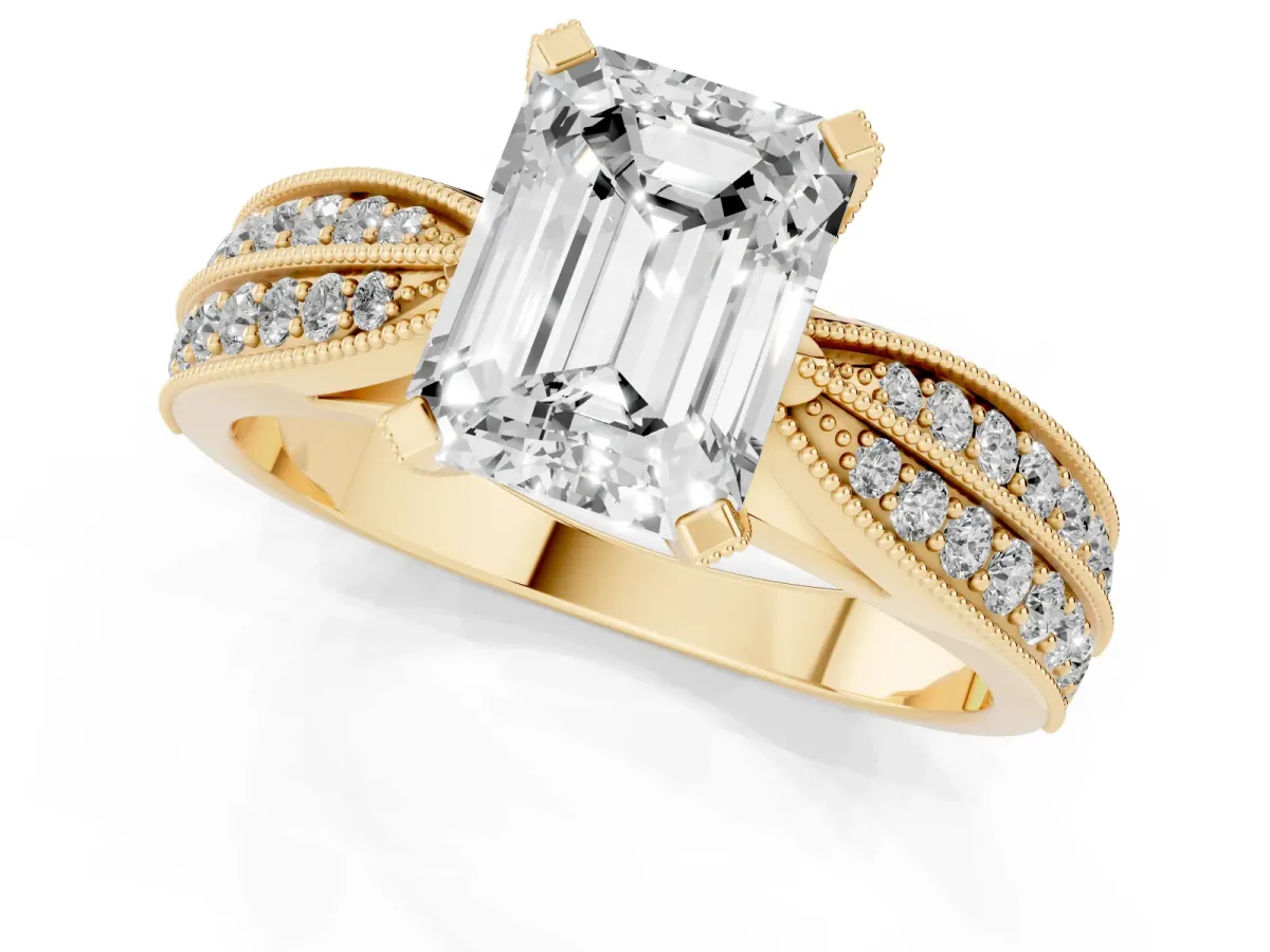 Emerald Cut Diamond Solitaire Ring with Milgrain Round Pavé Band and Prong Setting Yellow gold