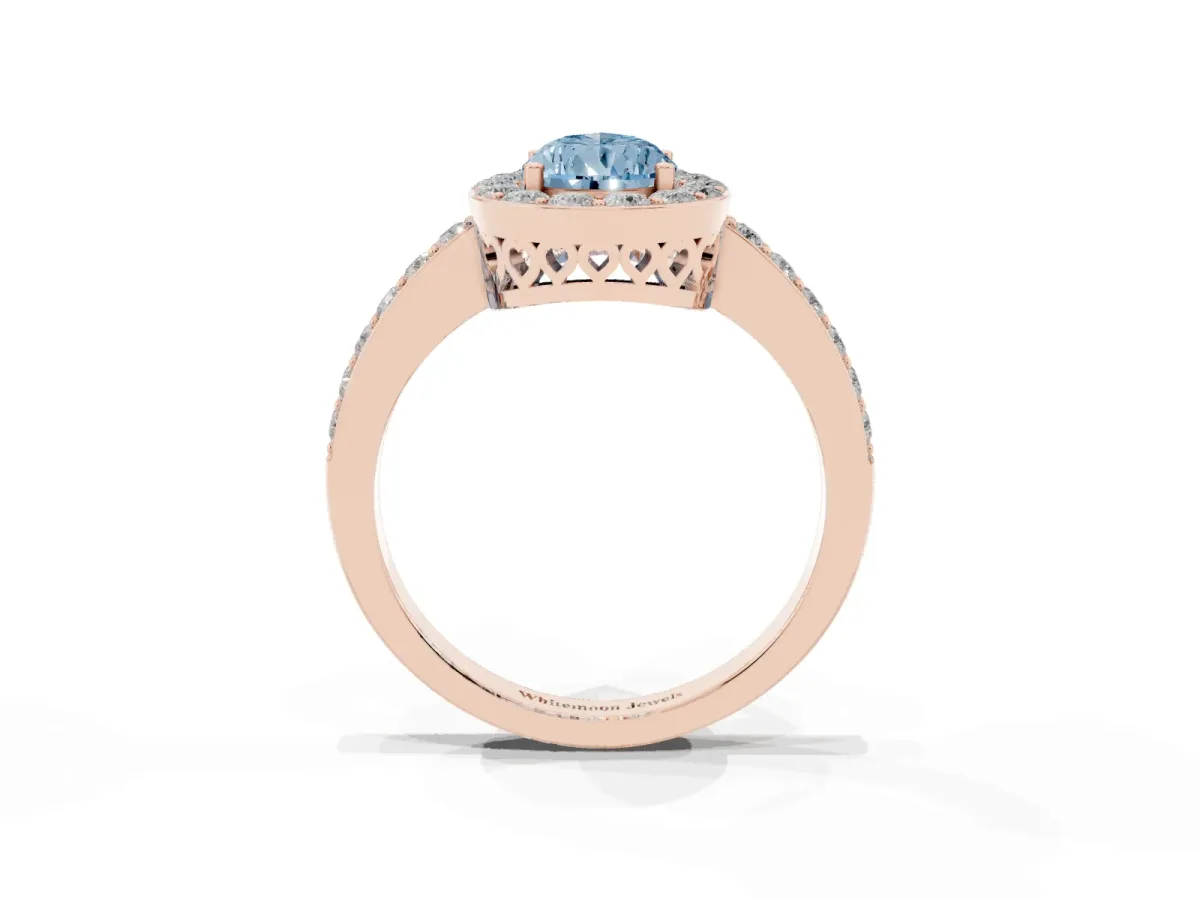 Fancy Blue Pear Cut Halo Diamond Pavé Band Ring with Prong Setting Rose gold