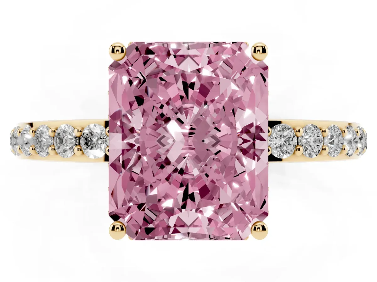 Fancy Pink Radiant Cut Diamond Solitaire Ring with Pavé Band and Hidden Halo Yellow gold