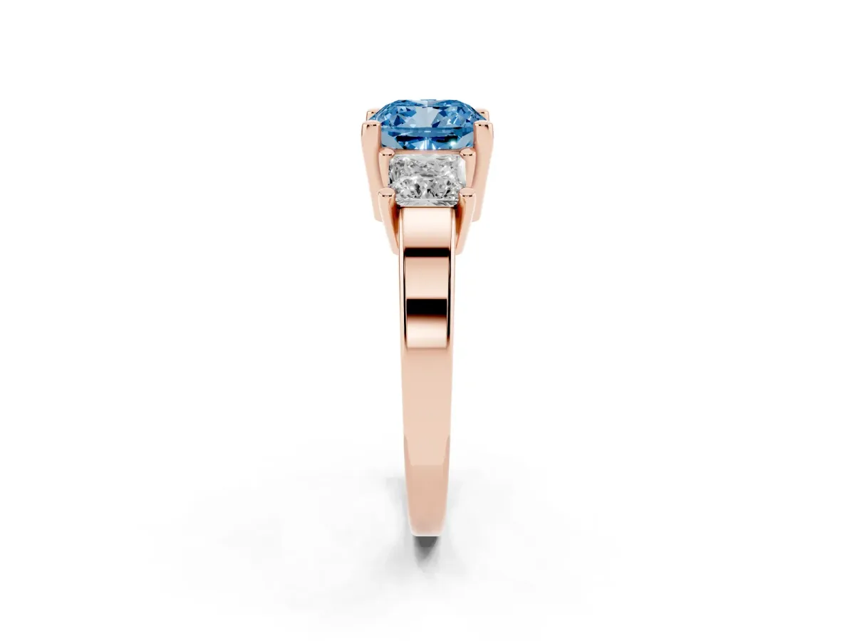Fancy Blue Three-Stone Cushion Cut Cut Solitaire Ring with Prong Setting Rose gold