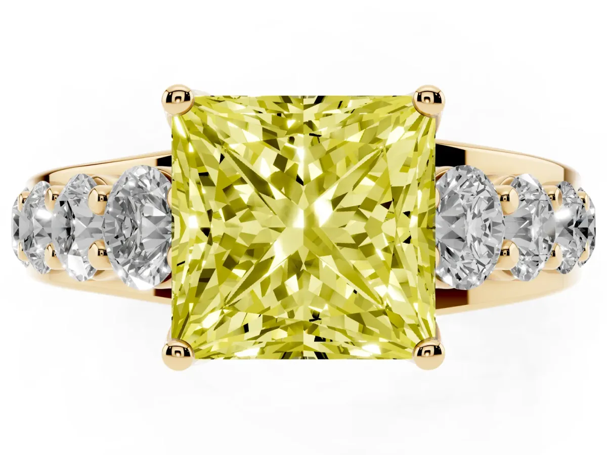 Fancy Yellow Princess Cut Diamond Engagement Ring with Pavé Band and Four-Prong Setting Yellow gold