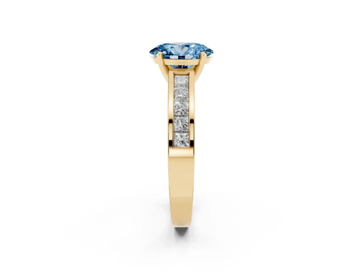 Fancy Blue Oval Cut Solitaire Diamond Ring with Channel-Set Band and Four-Prong Setting Yellow gold