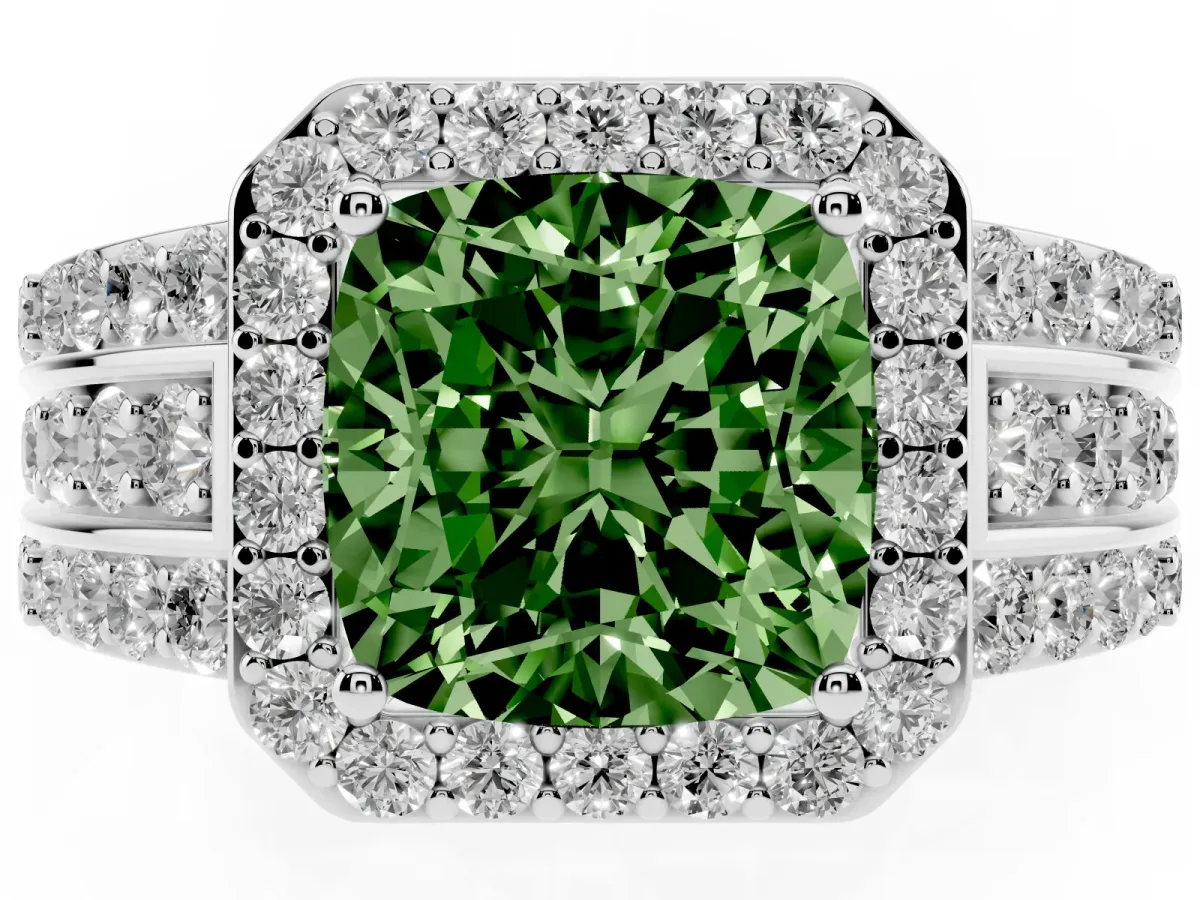 Fancy Green Cushion Cut Halo Diamond Ring with Round Split Shank and Prong Setting Silver