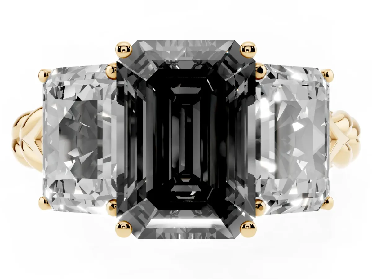 Fancy Black Three-Stone Emerald Cut Diamond Braided Band Ring with Four-Prong Setting Yellow gold