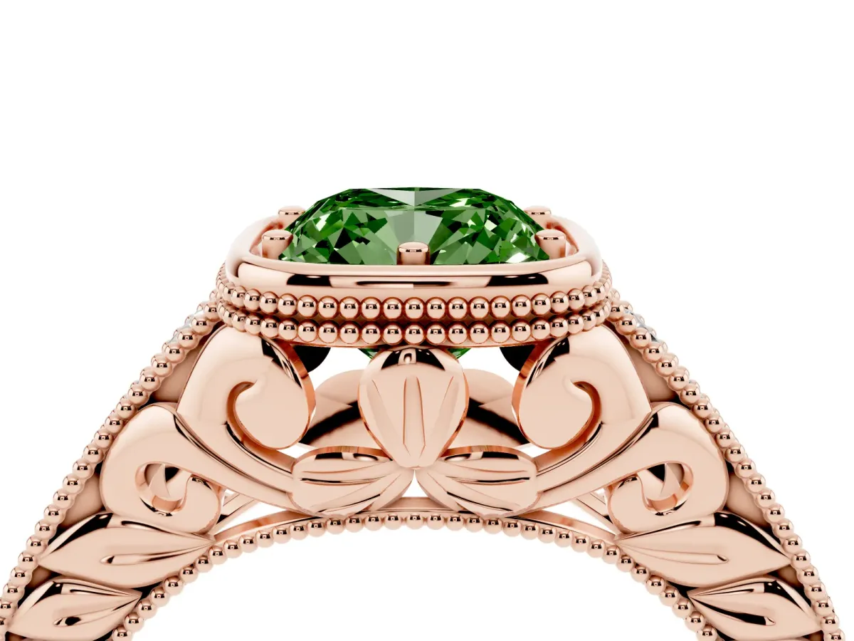 Fancy Green Bezel Set Cushion Cut Diamond Milgrain Pave Engagement Ring Rose gold