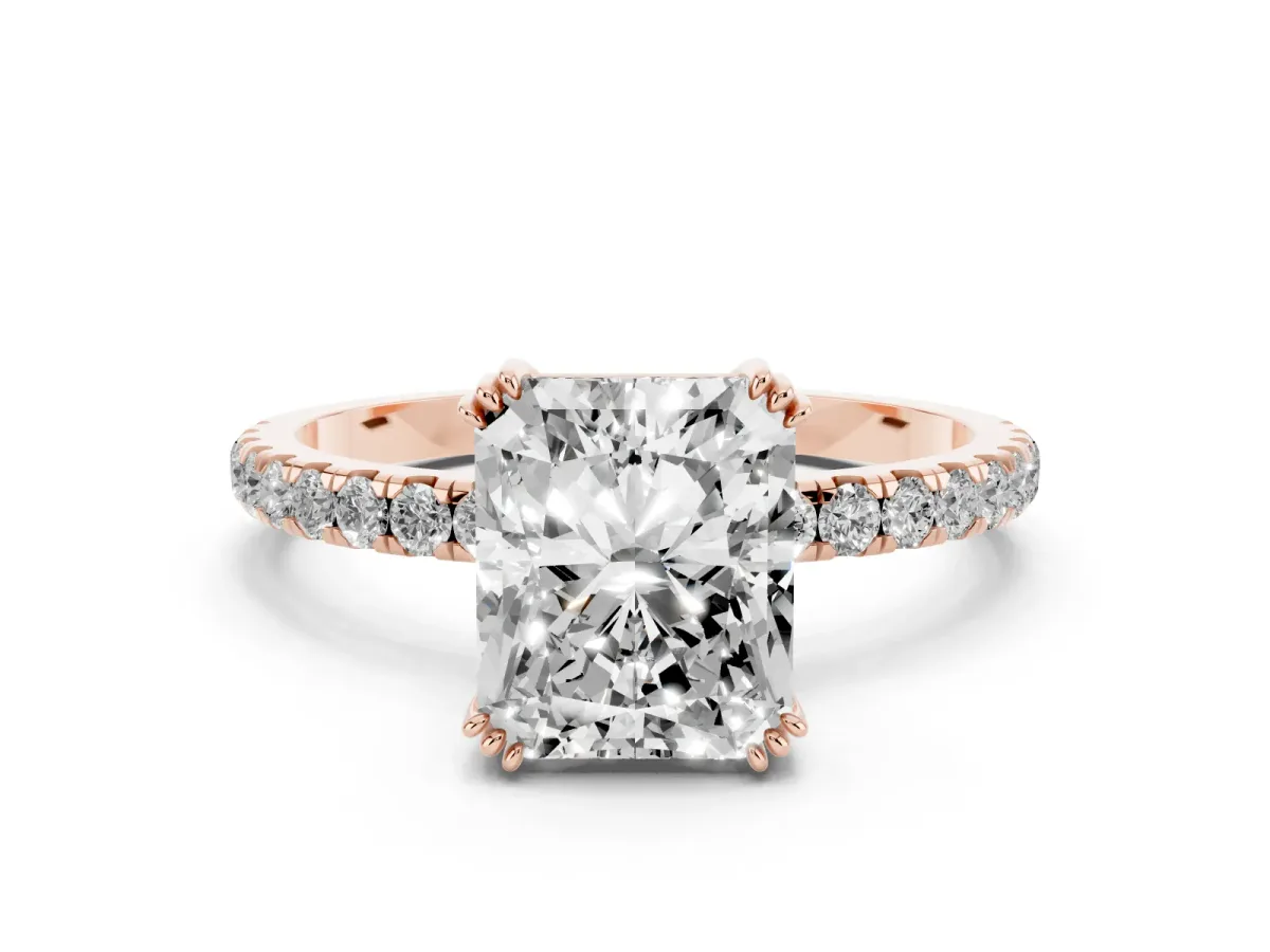 Radiant Cut Brilliant Solitaire with Pavé Band and Claw Prong Setting Rose gold