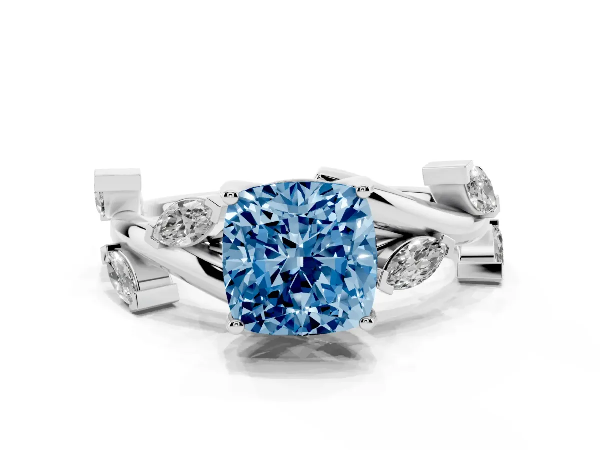 Fancy Blue Cushion Cut Solitaire Twisted Band Marquise Accent Prong Setting Ring Platinum