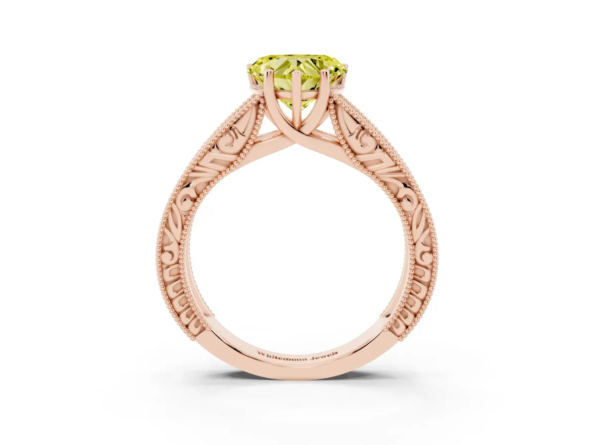 Fancy Yellow Heart Cut Diamond Solitaire Ring with Engraved Band and Four-Prong Setting Rose gold