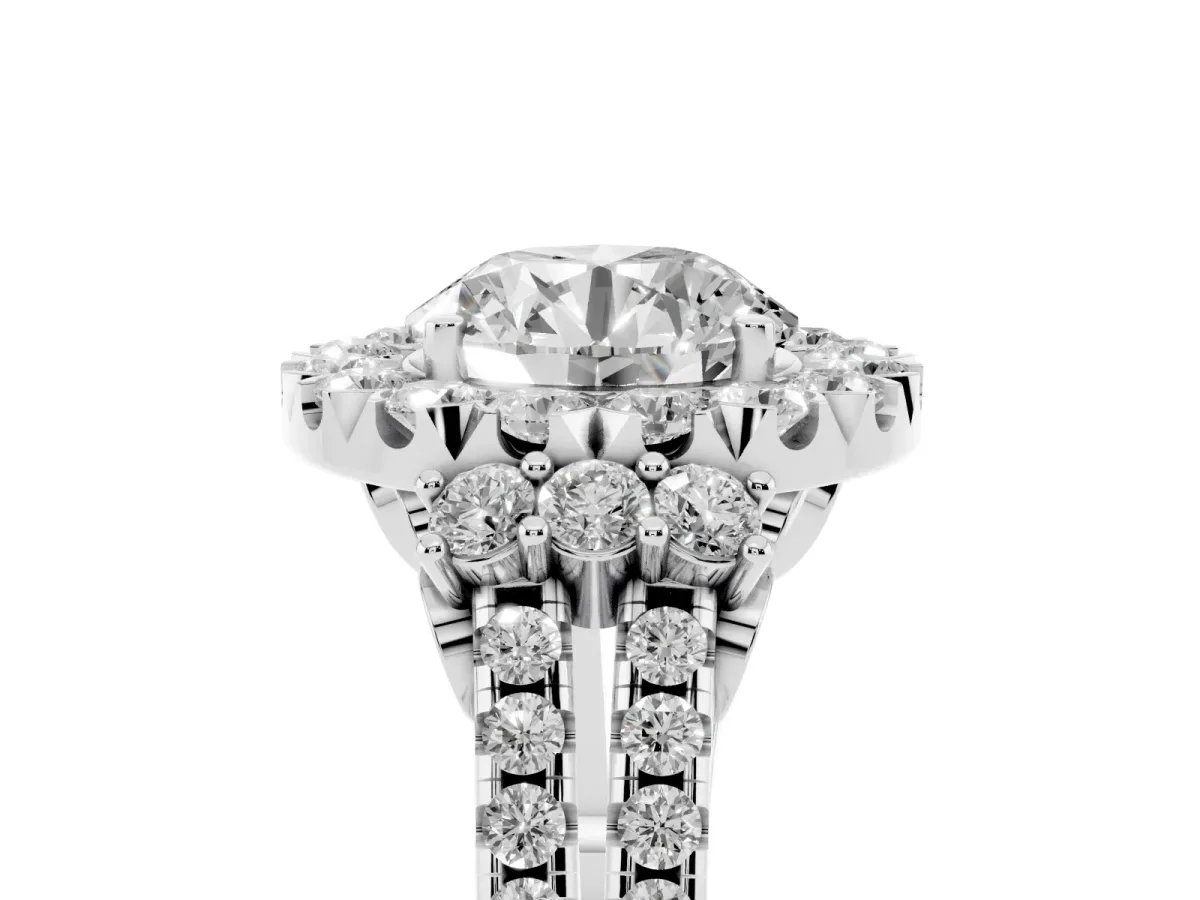 Round Cut Cut Double Halo Diamond Engagement Ring with Pave Band and Four-Prong Setting Platinum
