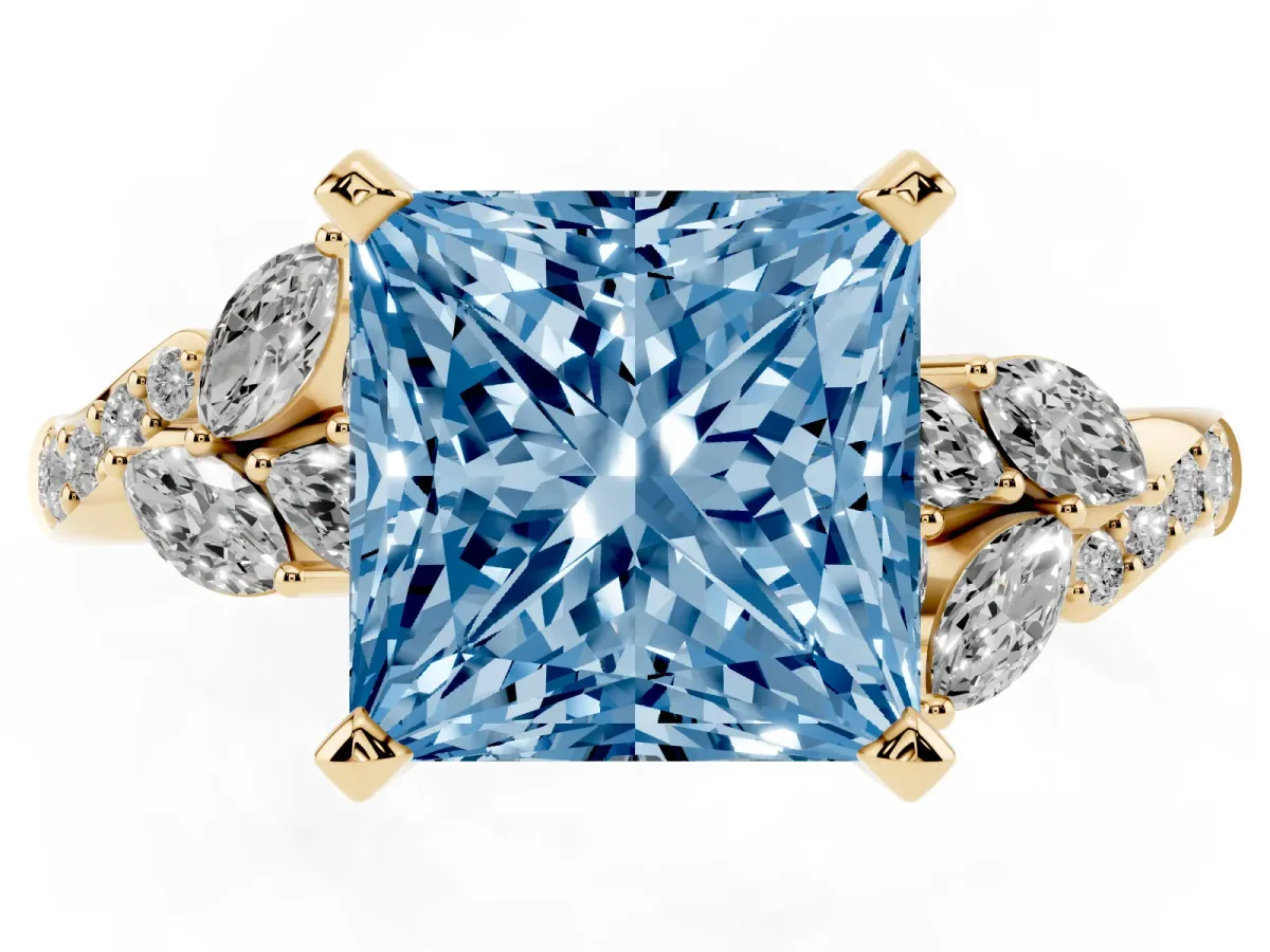 Fancy Blue Princess Cut Solitaire Marquise Twist Band with Six-Prong Setting Yellow gold