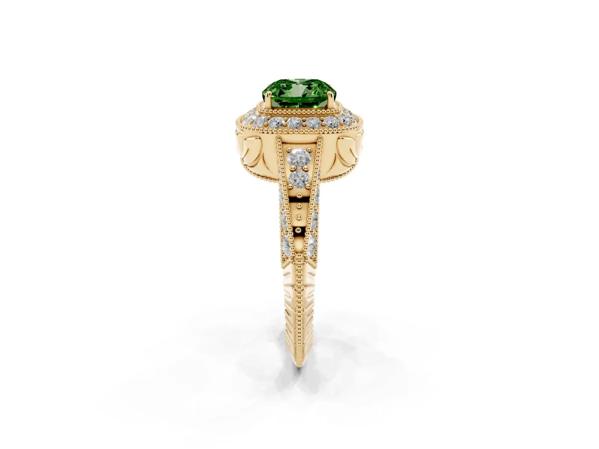 Fancy Green Cushion Cut Halo Diamond Split Shank Ring with Milgrain Detail Yellow gold