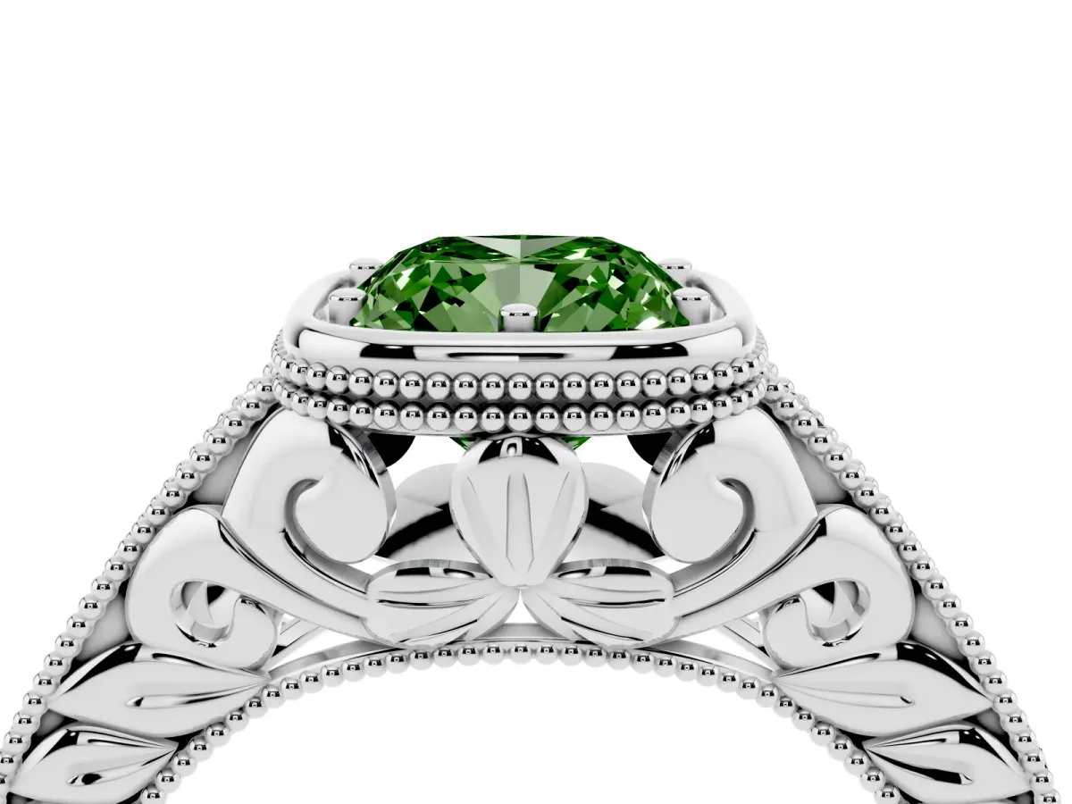 Fancy Green Bezel Set Cushion Cut Diamond Milgrain Pave Engagement Ring Silver