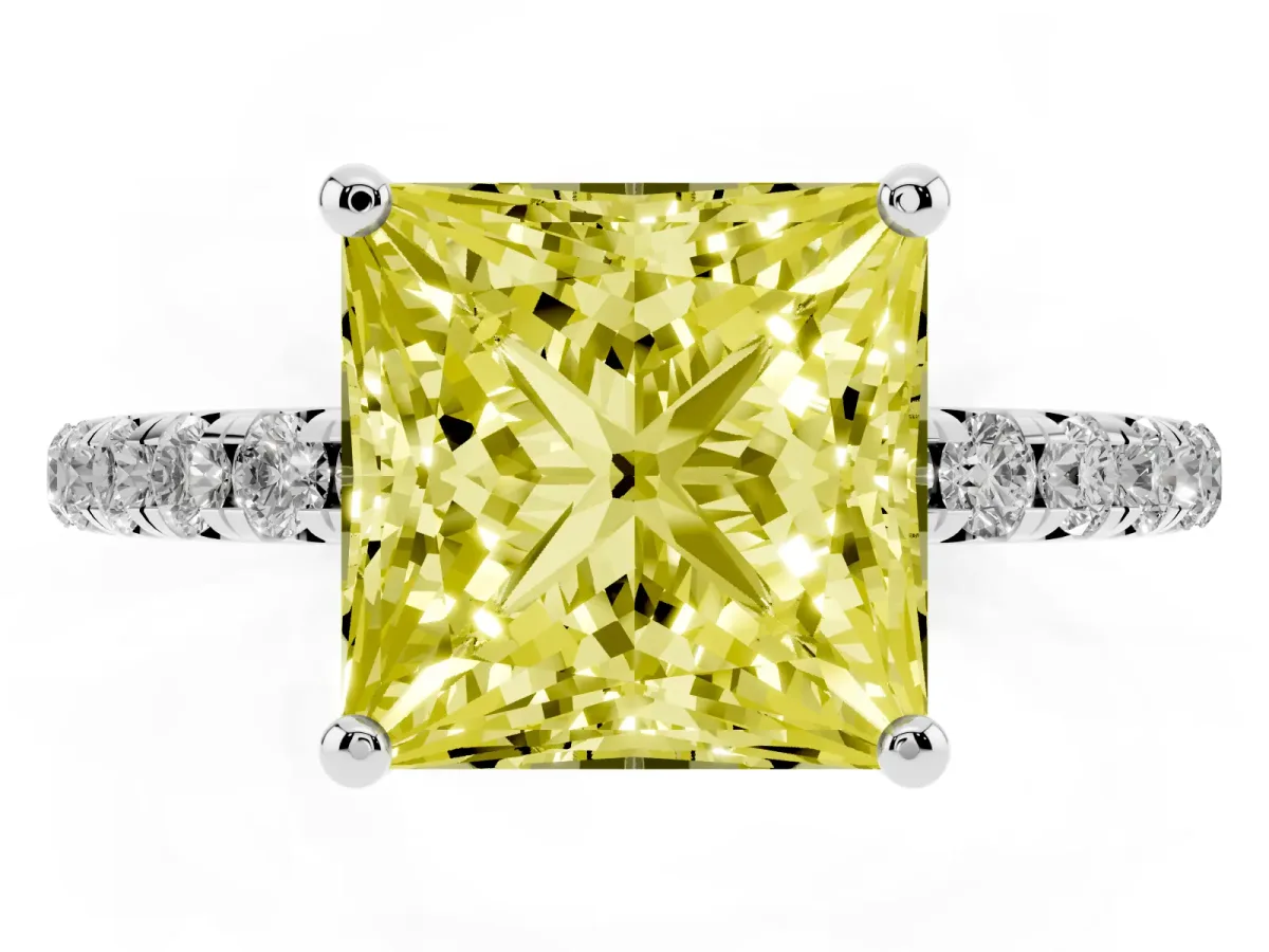 Fancy Yellow Princess Cut Cut Diamond Solitaire Ring with Micro Pave Band and Four Prong Setting Silver