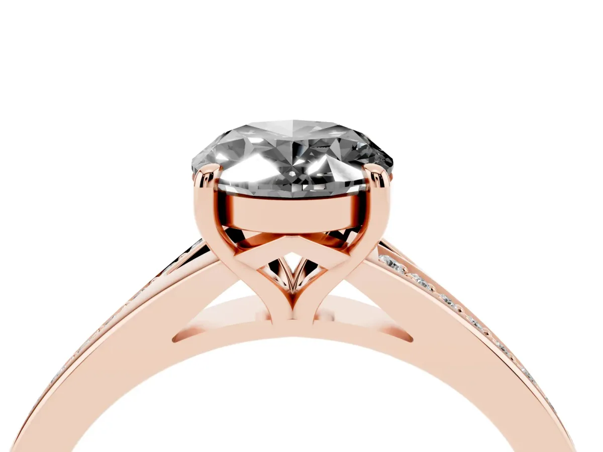 Fancy Black Oval Cut Diamond Solitaire Ring with Pavé Band and Prong Setting Rose gold