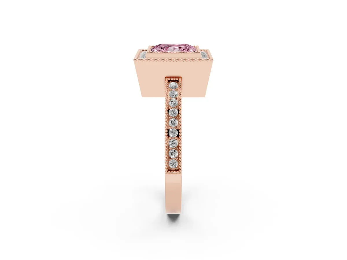 Fancy Pink Princess Cut Cut Halo Diamond Ring with Pavé Band and Milgrain Prong Setting Rose gold