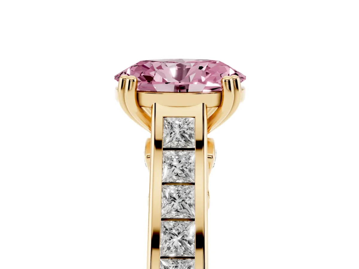 Fancy Pink Oval Cut Cut Channel Set Solitaire Engagement Ring with Prong Setting Yellow gold