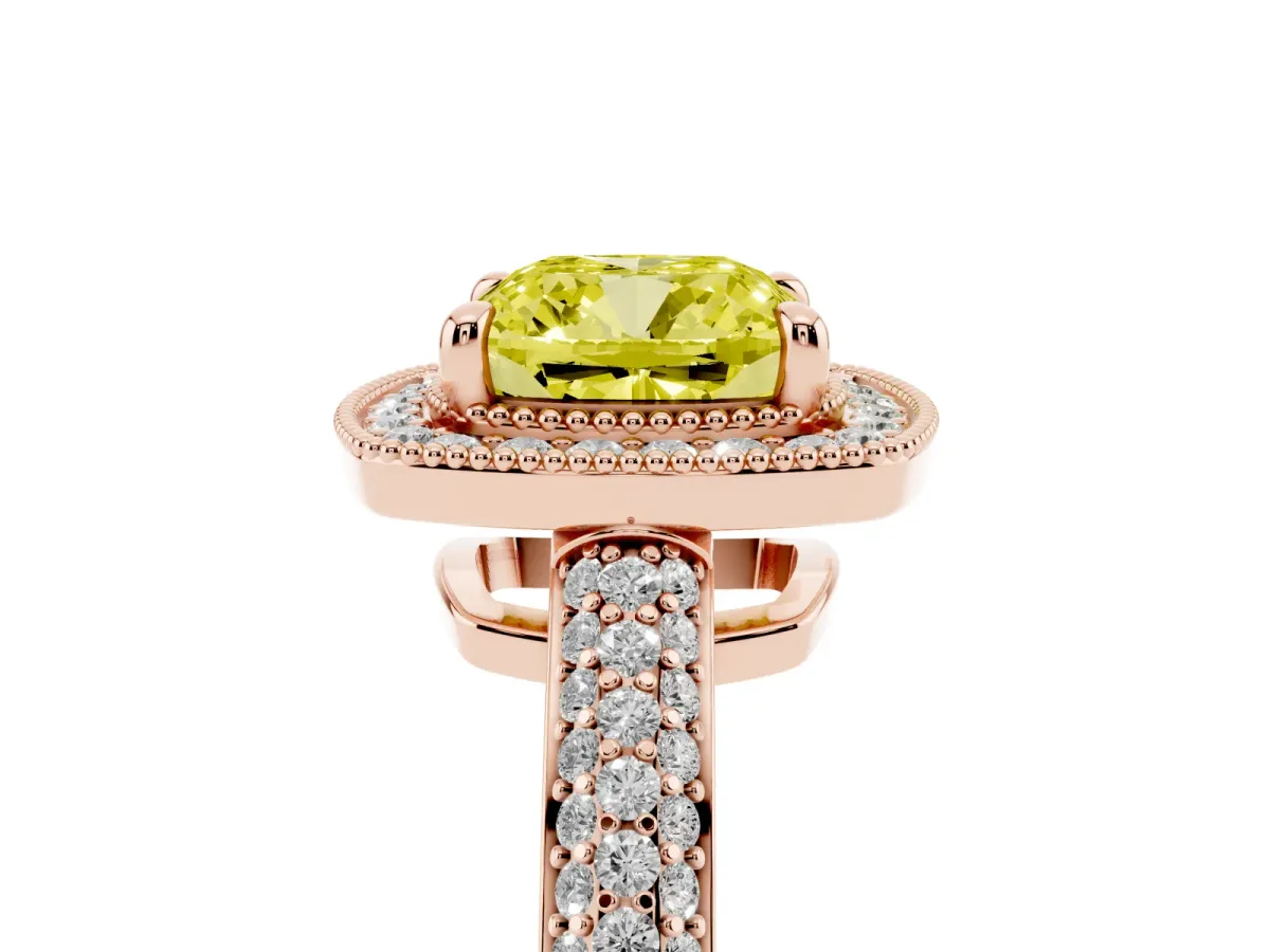 Fancy Yellow Cushion Cut Cut Halo Diamond Pave Band with Four-Prong Setting Rose gold