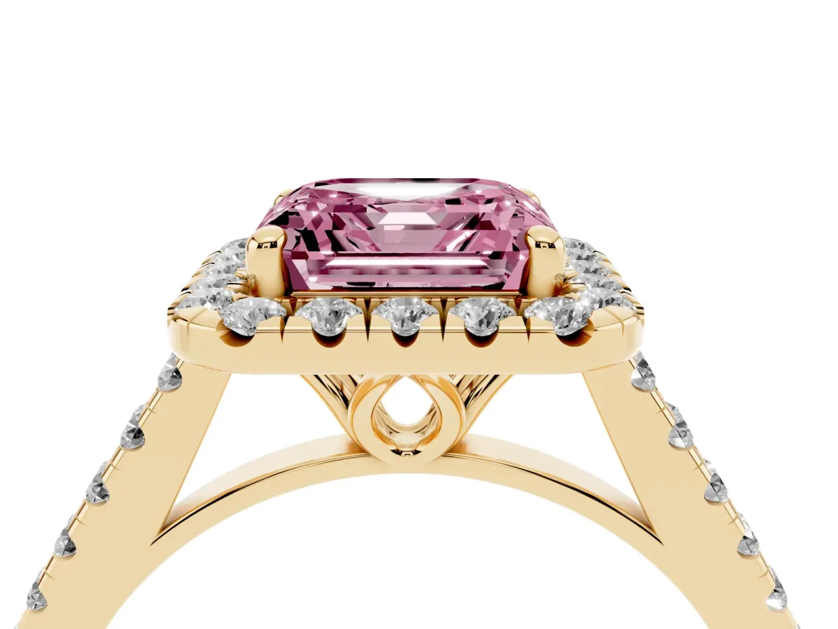 Fancy Pink Asscher Cut Halo Pavé Diamond Engagement Ring with Four-Prong Setting Yellow gold