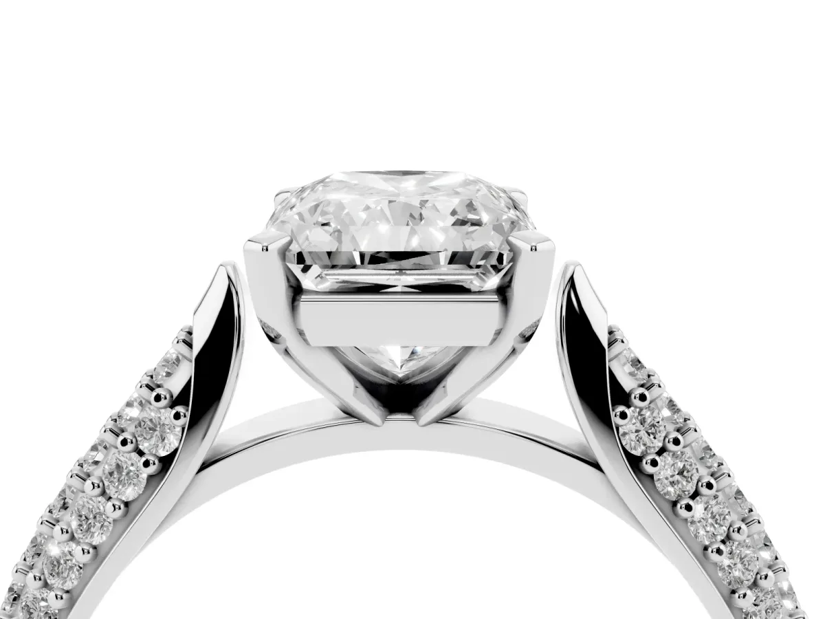 Radiant Cut Diamond Solitaire Engagement Ring with Multi-Row Round Pavé Band and Prong Setting Platinum