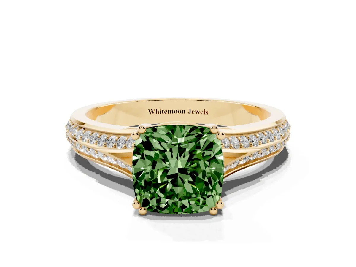 Fancy Green Cushion Cut Diamond Split Shank Engagement Ring with Pavé Band Yellow gold