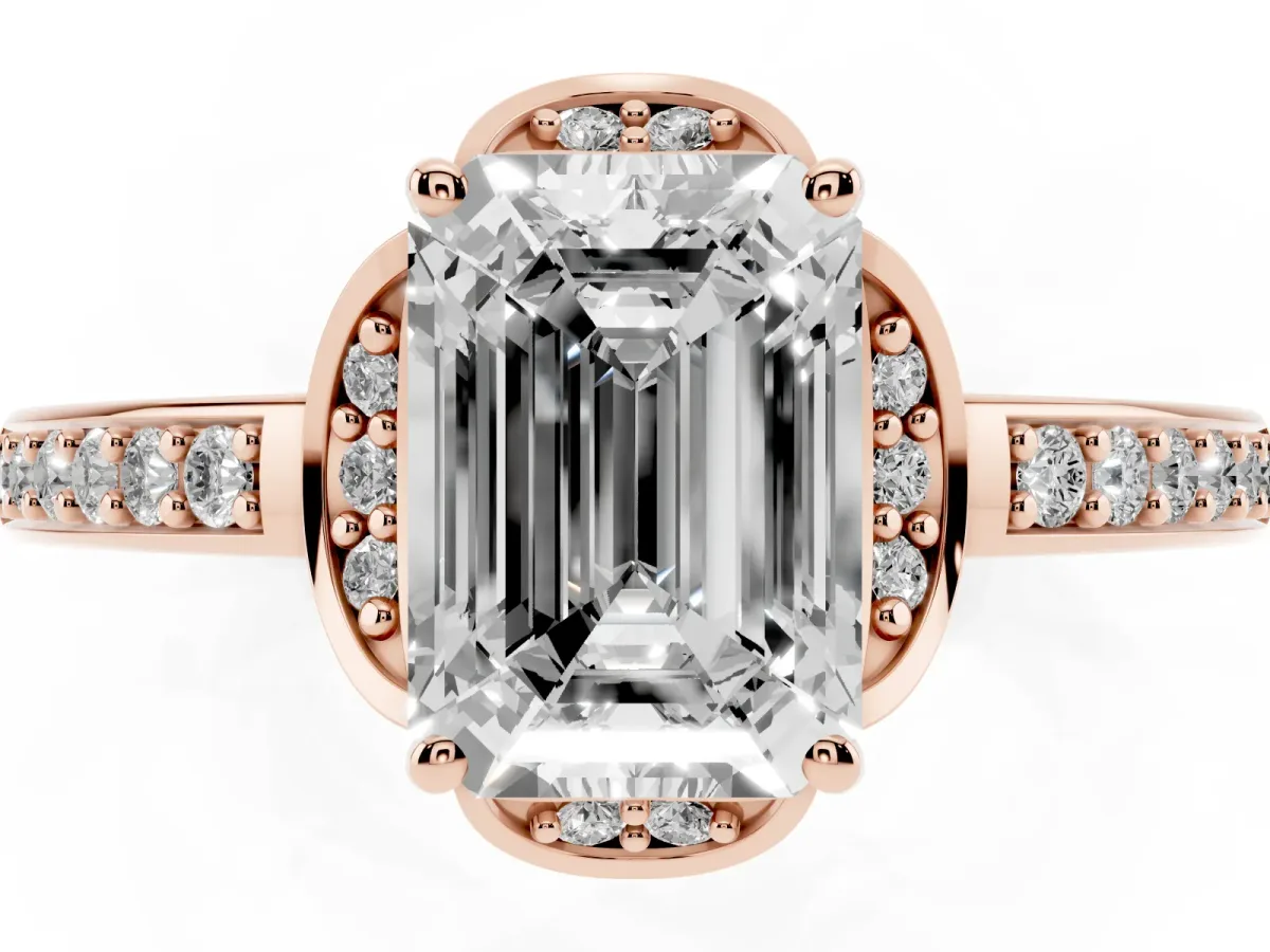 Emerald Cut Cut Halo Diamond Ring with Channel Set Band and Four-Prong Setting Rose gold