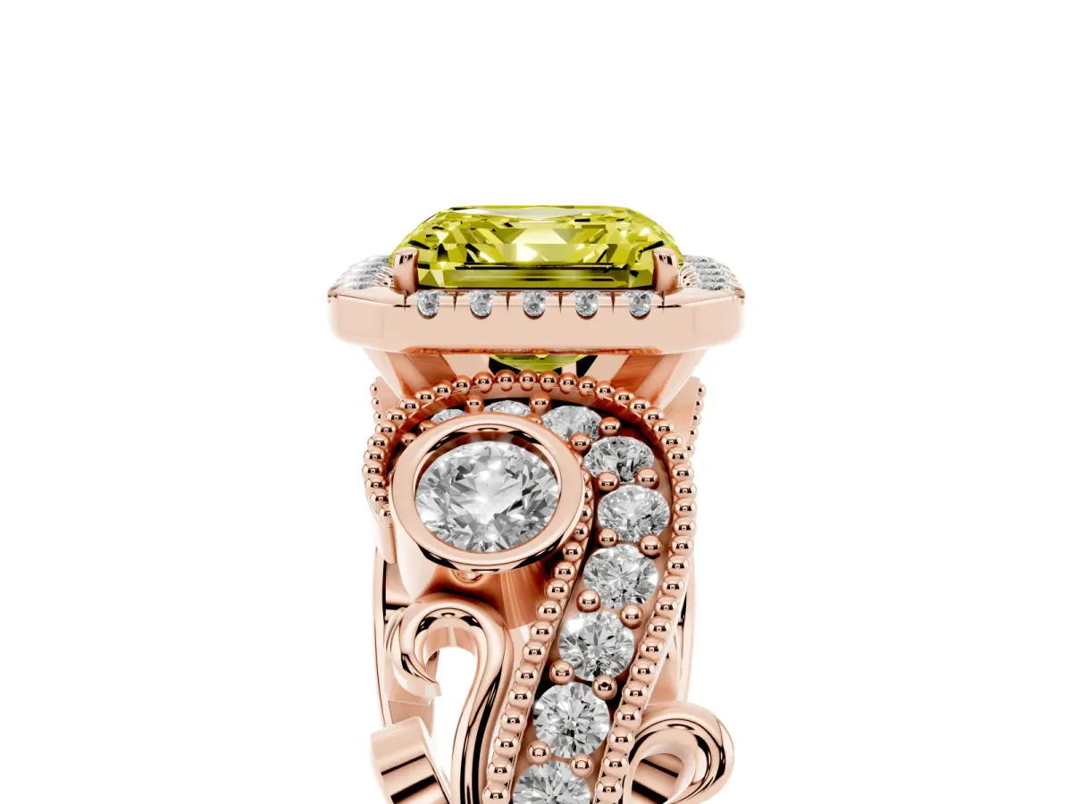 Fancy Yellow Asscher Cut Diamond Halo Ring with Milgrain Pavé Band and Four-Prong Setting Rose gold