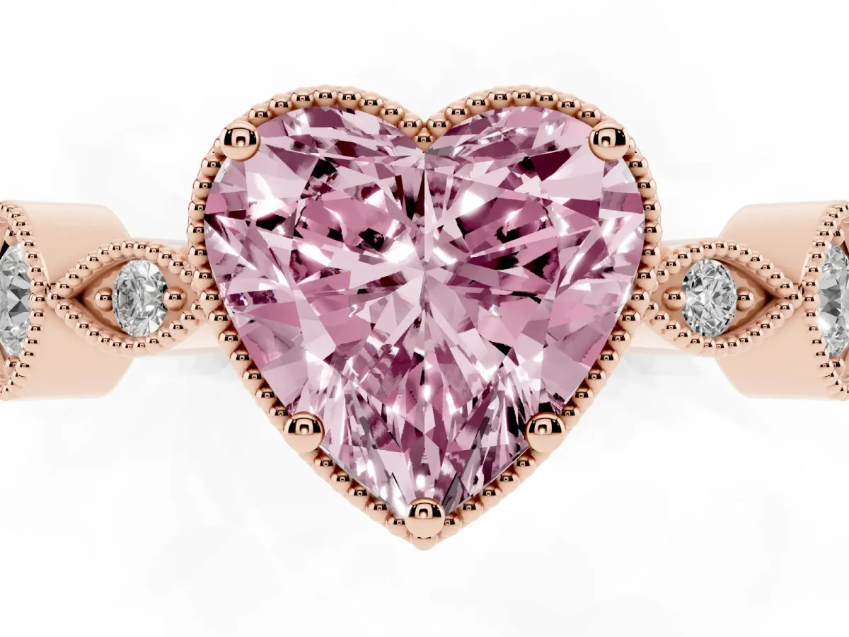 Fancy Pink Heart Cut Diamond Vintage Milgrain Ring with Round Stations Rose gold