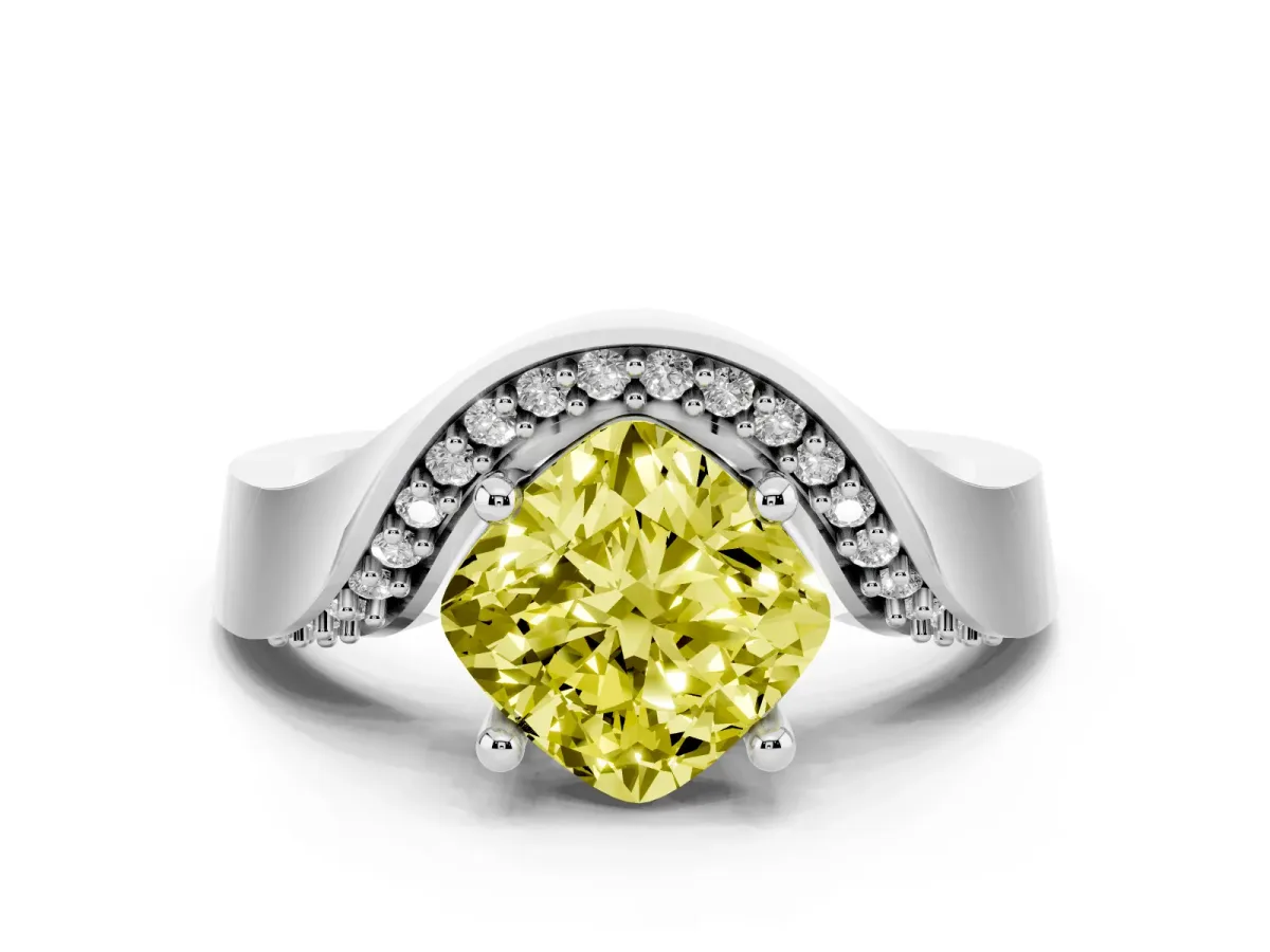 Fancy Yellow Cushion Cut Solitaire Diamond Engagement Ring with Pave Band and Four-Prong Setting Silver