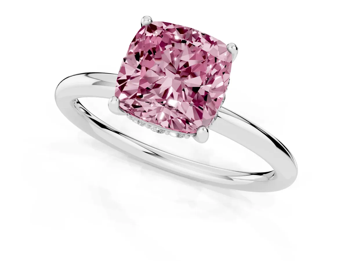 Fancy Pink Cushion Cut Solitaire Diamond Ring with a Classic Band and Four-Prong Setting Silver