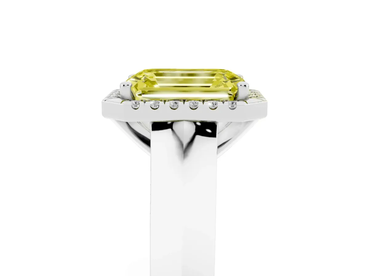 Fancy Yellow Emerald Cut Halo Diamond Ring with Cathedral Band and Four-Prong Setting White gold