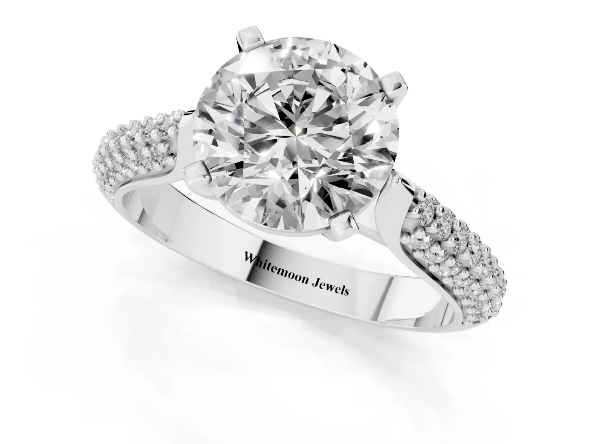 Round Cut Diamond Solitaire Engagement Ring with Multi-Row Round Pavé Band and Prong Setting Silver
