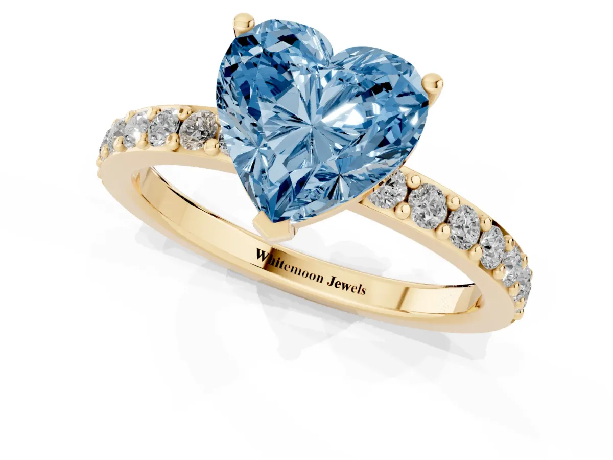 Fancy Blue Heart Cut Cut Diamond Solitaire with Pave Band and Four-Prong Setting Yellow gold