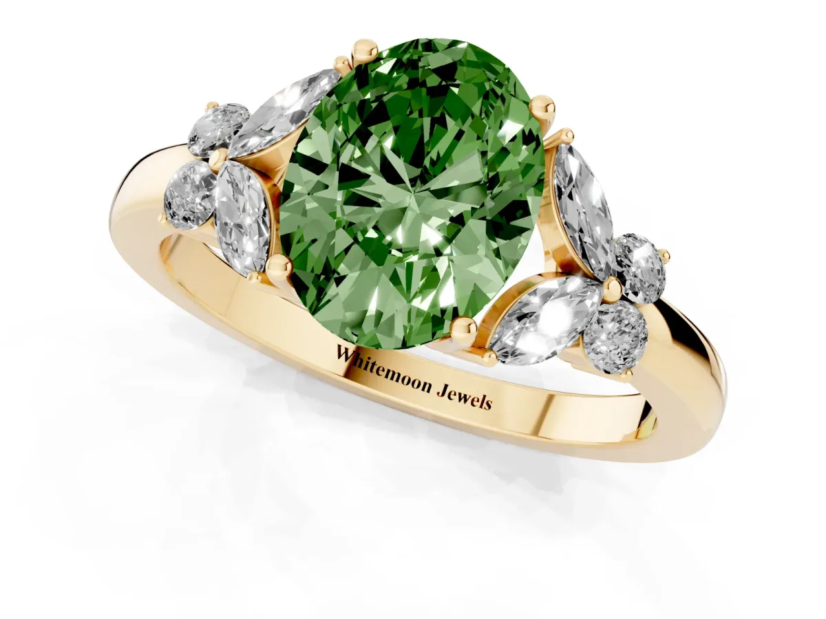 Fancy Green Oval Cut Cut Solitaire Floral Diamond Ring with Four-Prong Setting Yellow gold