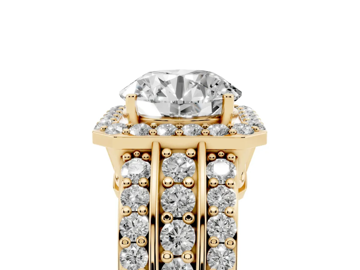 Round Cut Halo Diamond Ring with Round Split Shank and Prong Setting Yellow gold