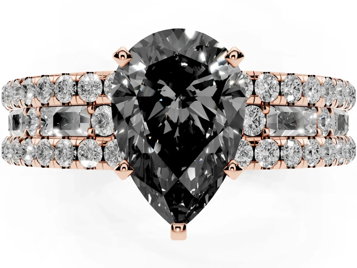Fancy Black Pear Cut Diamond Solitaire Ring with Pavé and Channel Set Band Rose gold